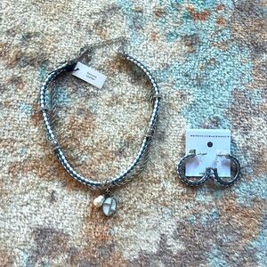 Leather & Silver Necklace & Hoop Earrings Set